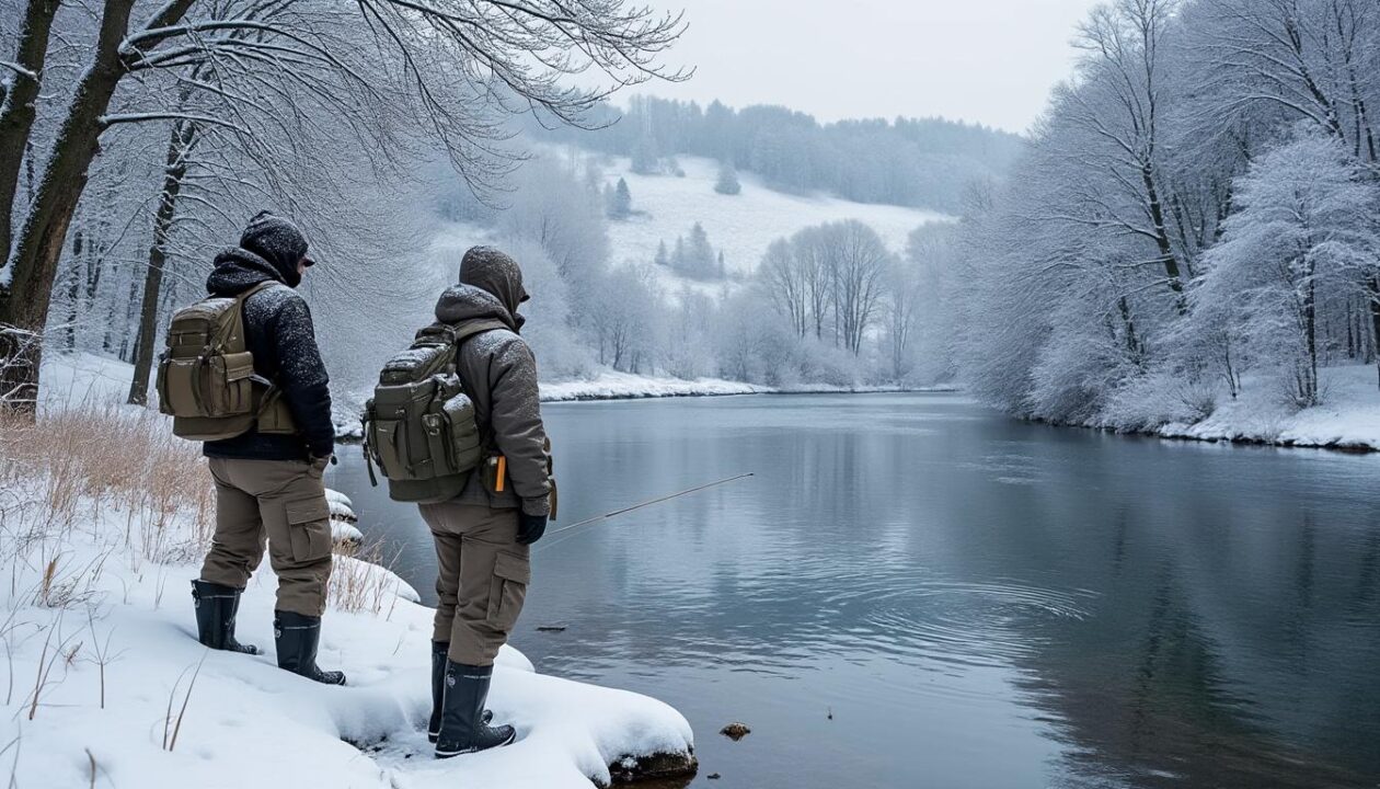 découvrez la pêche à beaune-sur-arzon sous un paysage hivernal surprenant, où la neige fraîche crée un cadre unique pour cette activité en début de saison.