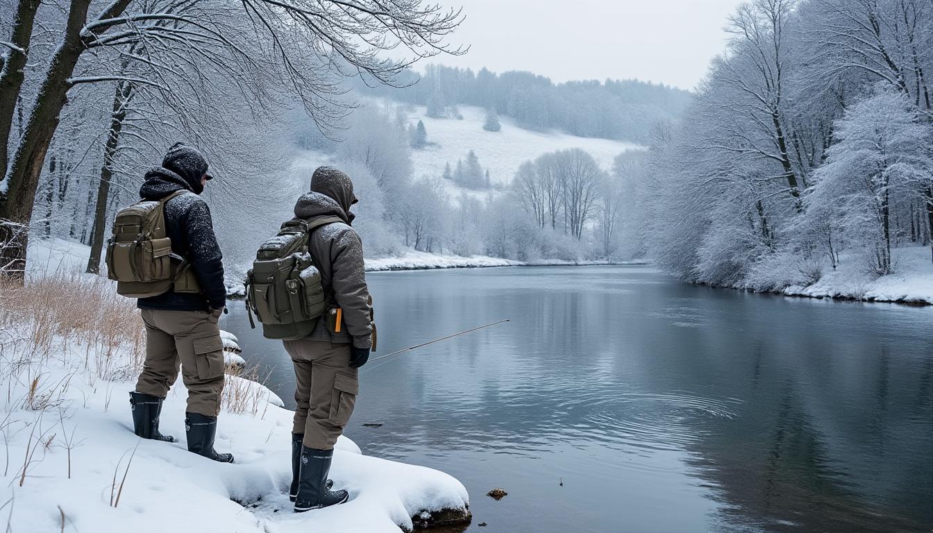 découvrez la pêche à beaune-sur-arzon sous un paysage hivernal surprenant, où la neige fraîche crée un cadre unique pour cette activité en début de saison.